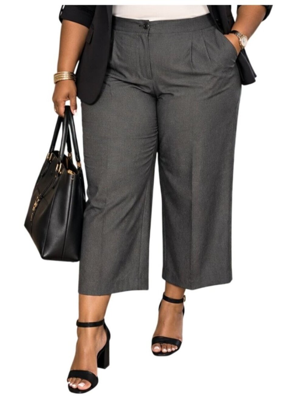 Avenue Plus Size 18 Pants Cropped Wide-Leg Gray Stretch Blend Office Casual Chic